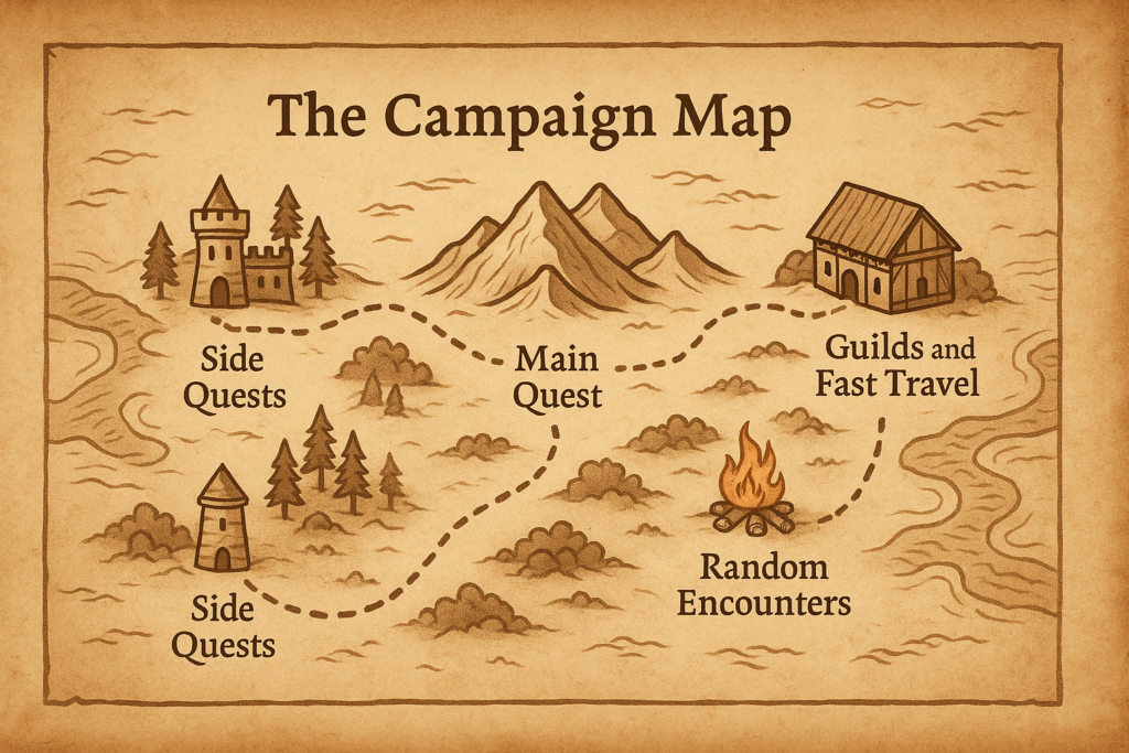 Hand-drawn campaign map representing a career roadmap with quests, side quests, and fast travel