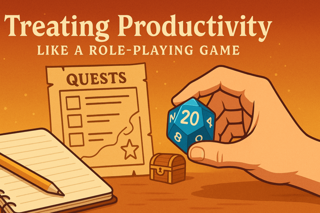 Rolling a D20 for a gamified productivity ritual.