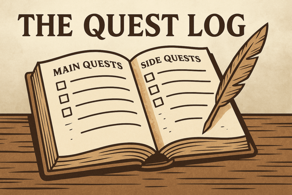 RPG-style quest log notebook representing a cybersecurity career journey.