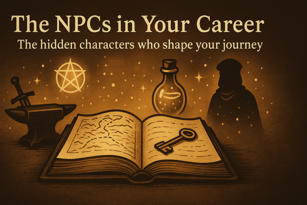 Fantasy illustration of a book, key, anvil, potion bottle, and silhouetted figure symbolizing the hidden NPC characters that influence a career journey.