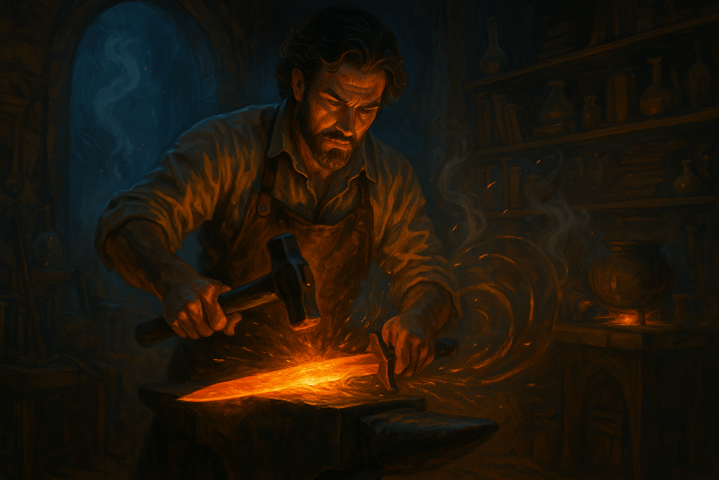 A blacksmith forging a glowing blade at an anvil inside a dim workshop, sparks swirling as he hammers the heated metal.