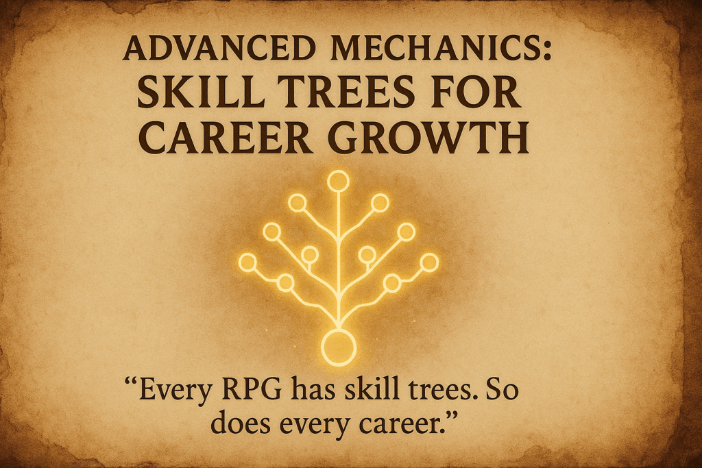 A parchment-style image featuring a glowing golden skill-tree symbol in the center. The title reads “Advanced Mechanics: Skill Trees for Career Growth” with the subtitle “Every RPG has skill trees. So does every career.”