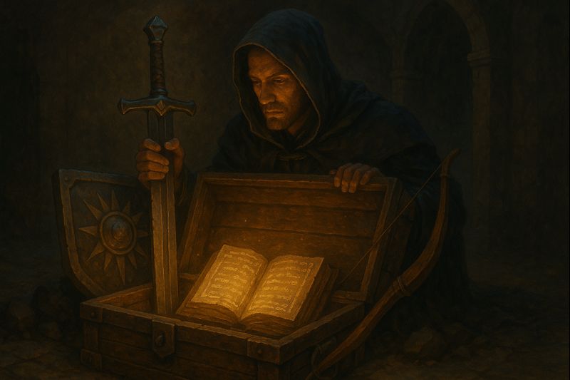 A hooded figure examining legendary weapons and a glowing book in a dark stone chamber, representing rare skills, mentorship, and defining moments that shape long-term career growth.
