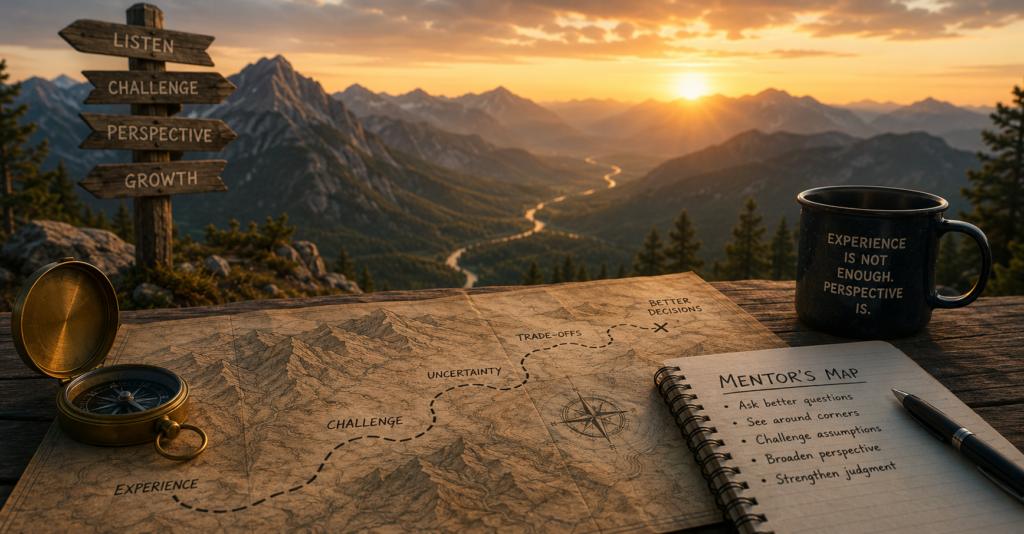 Compass, map, and notebook overlooking a mountain landscape at sunrise, symbolizing mentorship, leadership, perspective, and navigating uncertainty.